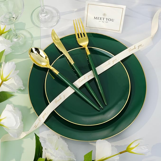 350 Pieces Green Gold Plastic Dinnerware Set, Gold Disposable Plates for Party, Include 100 Green Plates with 150 Plastic Cutlery, 50 Napkins and 50 Cups