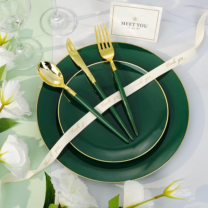 700 PCS Green Plastic Dinnerware Set, Green and Gold Rim Disposable Plates for Party, Include 200 Green Plates with 300 Plastic Cutlery, 100 Napkins and 100 Cups