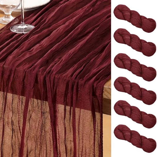 DeZerlor Burgundy Red Cheesecloth Table Runner 6 Pack Spring Easter Table Runners Boho Gauze 120 Inches Cheese Cloth Table Decor for Wedding Bridal Baby Shower Parties