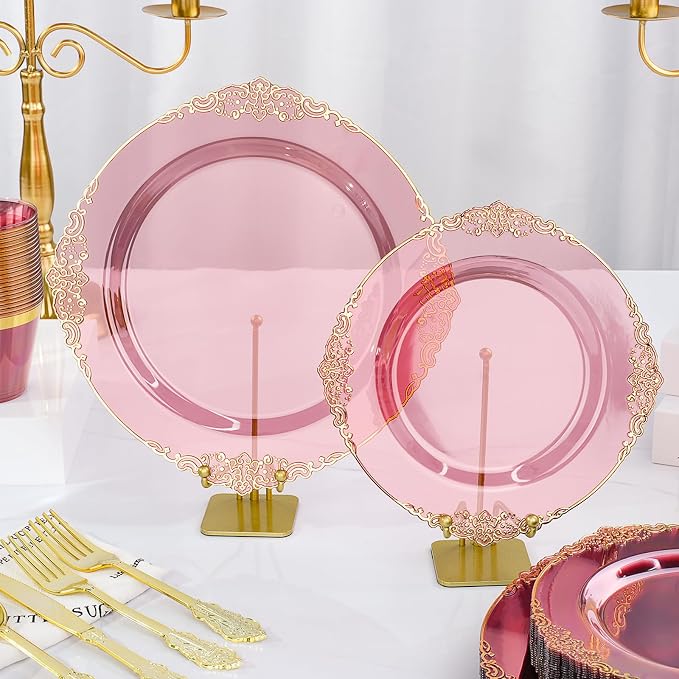 700 PCS Burgundy and Gold Plastic Plates, Disposable Dinnerware Set for 100 Guests, 200 Disposable Plates, 300 Silverwares, 100 Cups, 100 Napkins for Wedding, Party, Graduation