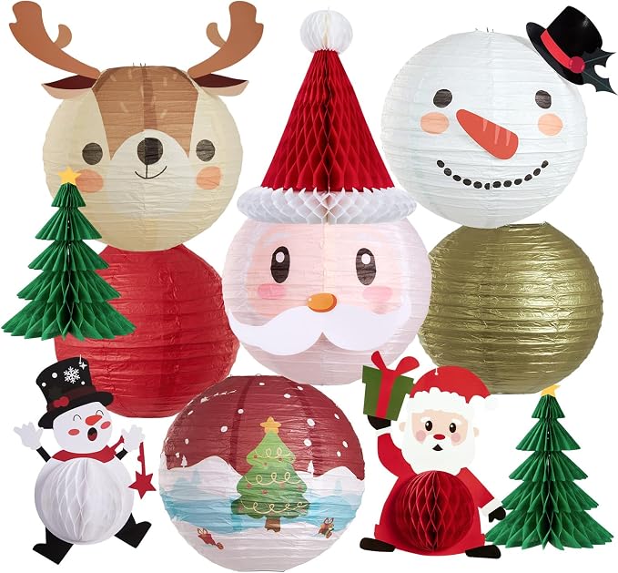 Christmas Paper Lanterns Hanging Classroom Christmas Decorations Ceiling Party Decorations Including 3D Xmas Hat, Santa Claus, Snowman Christmas Trees Honeycomb, for Xmas Holiday Home Indoor 11 PCS
