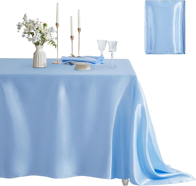 1 Pack Satin Table Cover Rectangle Silkly Soft Table Cloth, Satin Dining Table Cloths for Wedding Banquet Table Decoration, Dining Room, Indoor and Outdoor Use, 60 x 84 Inches, Light Blue