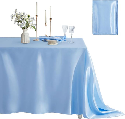 1 Pack Satin Table Cover Rectangle Silkly Soft Table Cloth, Satin Dining Table Cloths for Wedding Banquet Table Decoration, Dining Room, Indoor and Outdoor Use, 60 x 120 Inches, Light Blue