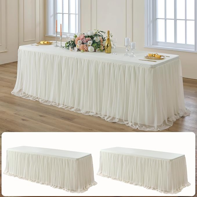 leegleri 2 pk 8ft Ivory Tulle Tablecloth for Rectangle Tables, 2-in-1 Cream Table Covers with Tulle Skirt,Wrinkle Free Stretchy Ruffle Tulle Table Cloths Fitted for Wedding Party Banquet Vendor