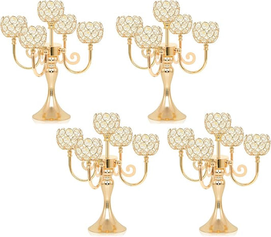 5 Arm Metal Crystal Candelabra Centerpiece - 13.4 Inch Elegant Candle Holder with Crystal Beads for Wedding Party Christmas Home Dining Table Decoration (4, Gold)