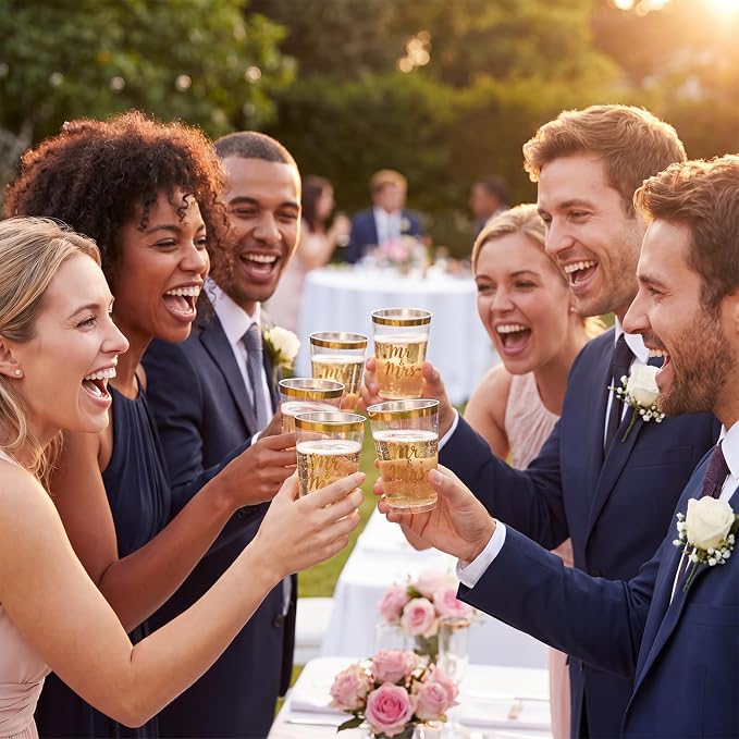 Shinymoon 50 Pack Mr and Mrs Party Supplies 12 oz Wedding Cups Bridal Shower Gifts for Couples Disposable Clear Drinking Glasses for Engagement Anniversary Valentines Party Favors Supplies