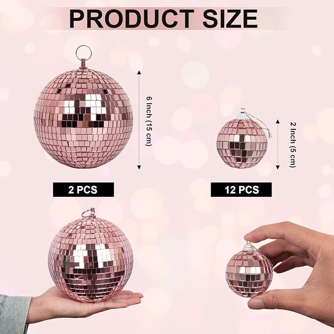Mirror Balls, MUZTOP 14 Pack Disco Ball Ornaments Hanging Disco Mirror Ball for DJ Stage Club Wedding Holiday Home Party Decor, 6 Inch, 2 Inch (Rose Gold)