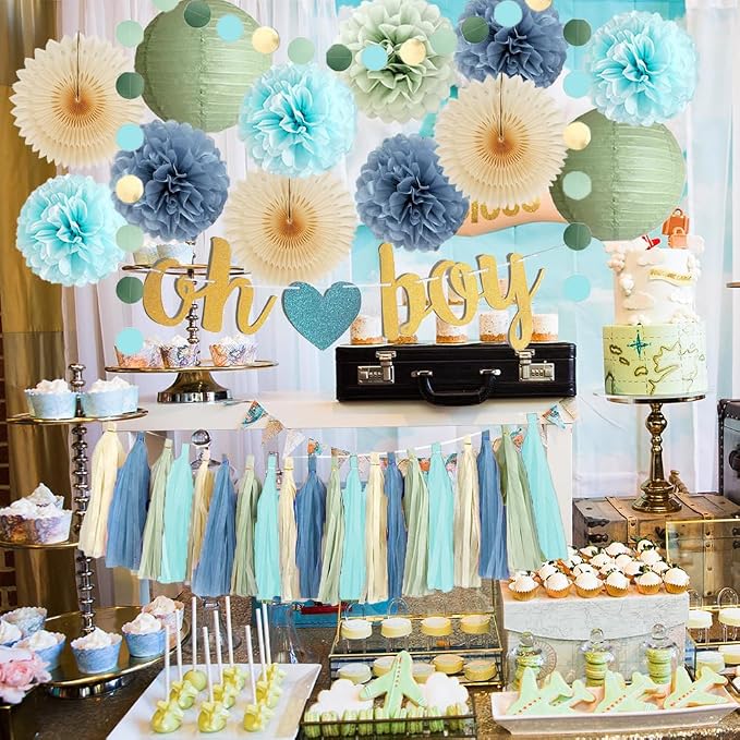 Dusty Blue and Sage Green Baby Shower Decorations Oh Boy Sage Green and Blue Baby Shower Decorations Light Beige Tissue Paper Pom Poms Fans Cream Tassel Garland Kit with Oh Boy Banner Gold