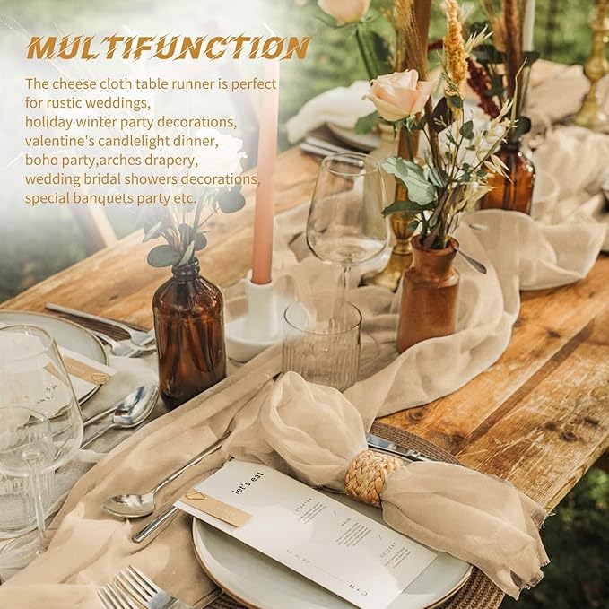 20 Pack Cheesecloth Table Runner - 17x108 Inch Beige Boho Gauze Cheese Cloth Table Runners for Baby Bridal Shower Decoration Wedding Party Summer Garden Farmhouse