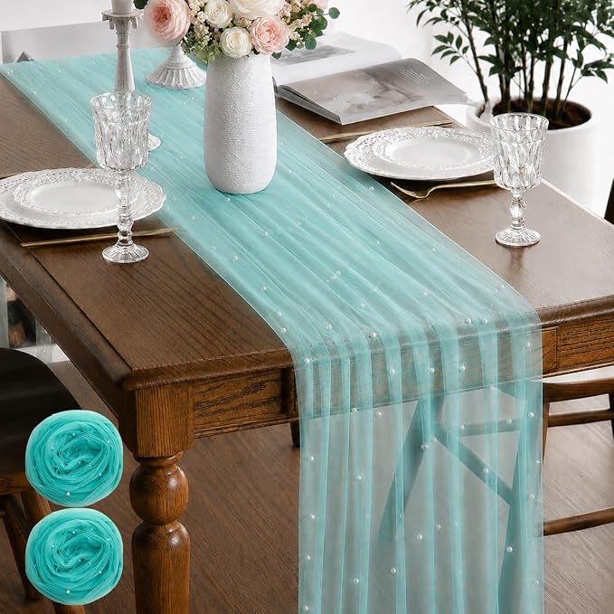 Pearl Turquoise Gauze Pearl Table Runner 120 Inch 10FT, Seasonal Sheer Dining Holiday Wedding Birthday Baby Shower Tulle Summer Table Decor for Home Party