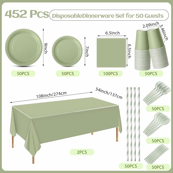 Funnymoom 452 Pcs Sage Green Party Supplies for 50, Sage Green Paper Plates Cups Napkins Tablecloth Cutlery Straws Tableware for Wedding Bridal Shower Birthday Baby Shower Party