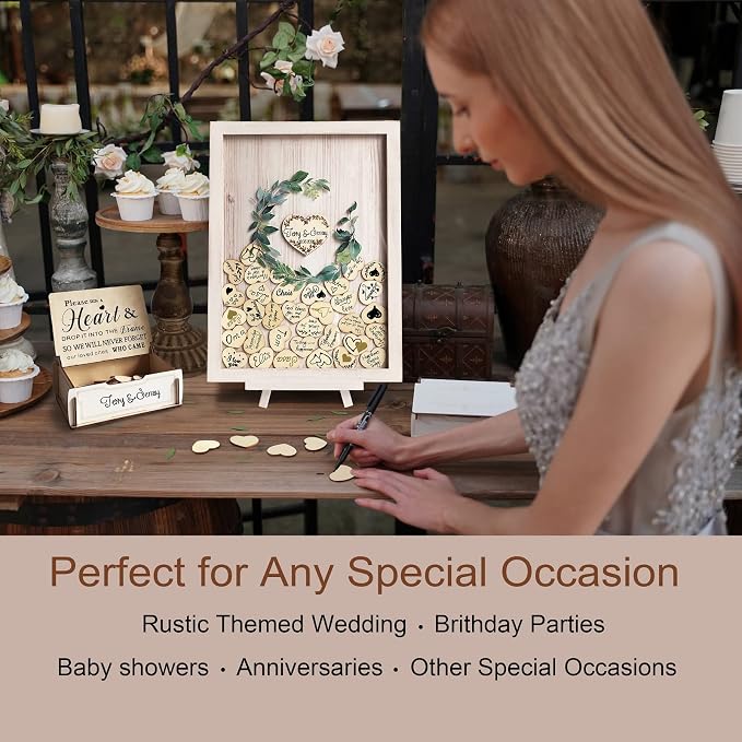 Y&K Homish Wedding Guest Book Alternative, Rustic Wedding Decorations for Reception, Favors for Guests 80 Hearts Green Wreath (Antique White)