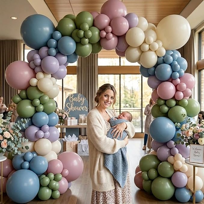 Blue Green Pink Balloon Garland Double Stuffed Sage Green Dusty Blue Pink Purple Lavender Balloons Pastel Balloon Arch Kit for Birthday Baby Shower Gender Reveal Flower Tea Party Decorations