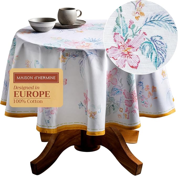 Maison d' Hermine Table Cloth Round Table 100% Cotton 63 Round Inches Tablecloth Reusable Decorative for Dining Kitchen Room Farmhouse Party Home Hotel Restaurant Spring Summer - Paradise Island