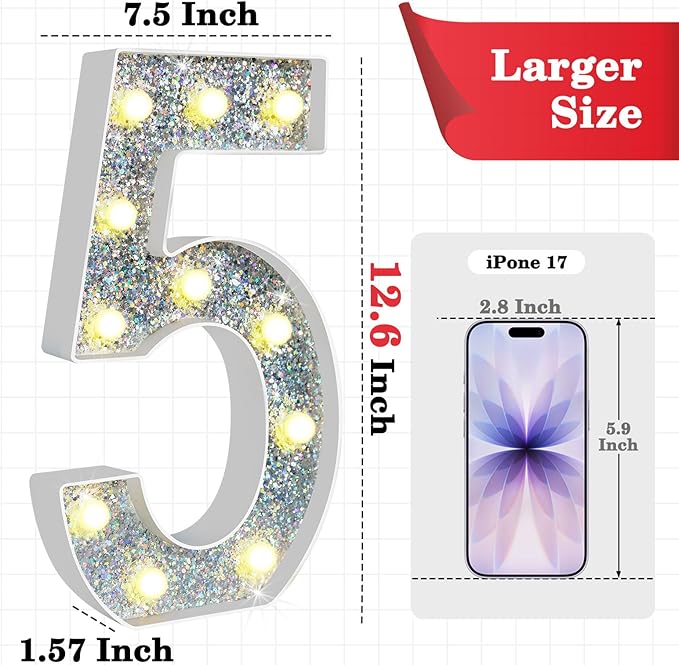 12.6 Inch LED Silver Marquee Light Up Numbers, 5th Birthday Decorations Number Lights as Gifts for Girls Boys, Glitter Lighted Marquee Numbers for Silver Anniversary Party Table Decor, 5
