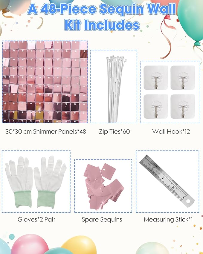 Pink Shimmer Wall Backdrop 48 Panels Cover 6 x 8 Ft, Photo Backdrops for Wedding,Anniversary,Birthday,Party Decoration