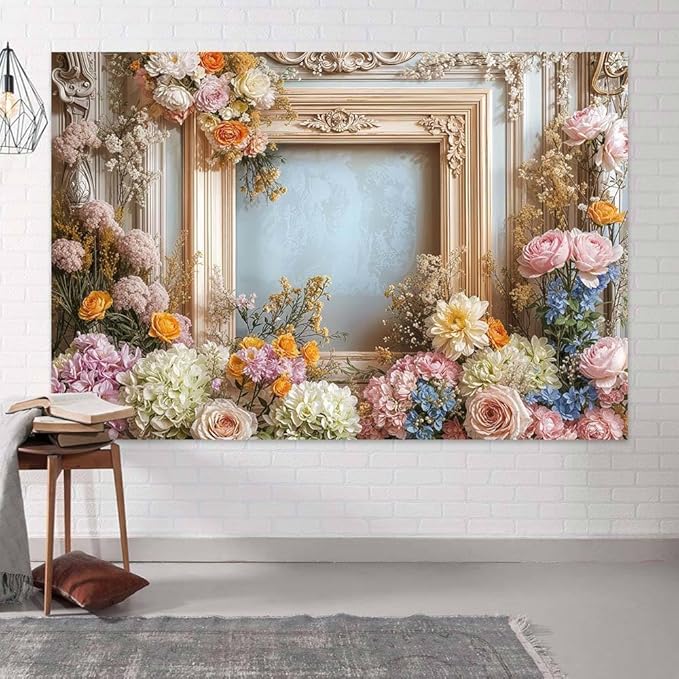 20X10ft Retro Wall Wedding Backdrops Frame Style Colorful Flowers Wall Background Medieval Building Photo Background for Mothers Day Bridal Baby Shower Birthday Girls Women Decoration Backdrop