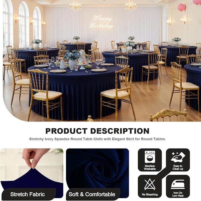 Navy Blue Round Spandex Tablecloth with Ruffle Skirt, 60 Inch Fitted Cover for 5FT Tables – Graduation, Memorial Day & Veterans Day, Wedding, Party, Birthday,Wrinkle-Resistant & Washable