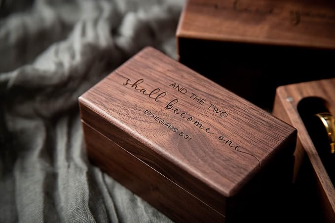 MUUJEE Ephesians 5:31 Quad Ring Box - Engraved Wooden Ring Case Box for Wedding Ceremony Ring Bearer Anniversary Birthday Valentines Gift Ideas