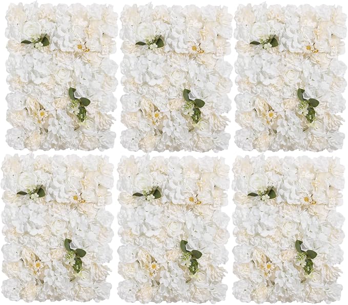 3D Flower Wall Backdrop - 6Pcs 16×24 Inch Artificial Rose Panels White Silk Floral Decor for Home Party Wedding Anniversary Birthday Photographic Studio Background & Decorative Fences