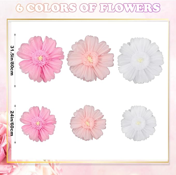 Giegxin 6 Pcs 31.5", 24" Pink, White Giant Paper Flower Large Tissue Paper Flower for Wall Big Pink Pom Pom Floral Decorations for Wedding Bridal Shower Baby Shower Tea Party Birthday Nursery Decor