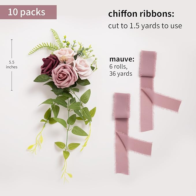 DORIS HOME Wedding Aisle Decorations Mauve Pew Flowers Set of 10 for Wedding Ceremony Party Chair Decor with Artificial Flowers Eucalyptus and Ribbons