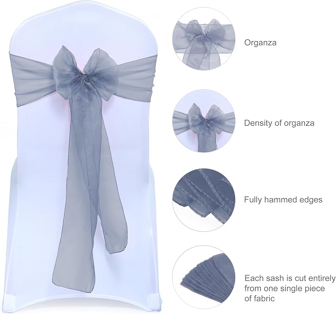 MDS® Pack of 100 Organza Chair Sashes for Wedding Decoration, Reusable Sheer Chair Bows for Banquet Chair Cover, Reception, Bridal Shower, Baby Shower, Birthday Party & Special Events - Dusty Blue