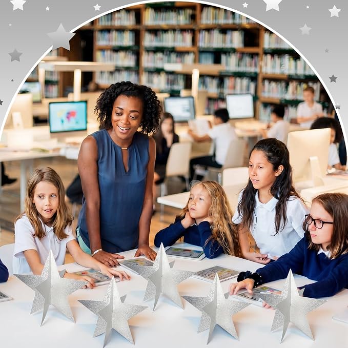 Sinload 18 Pcs Large 3D Glitter Star Decorations Back to School Work Silver Star Centerpiece Standing Hanging Decor for School Centerpiece Starry Movie Night Themed Party Decor