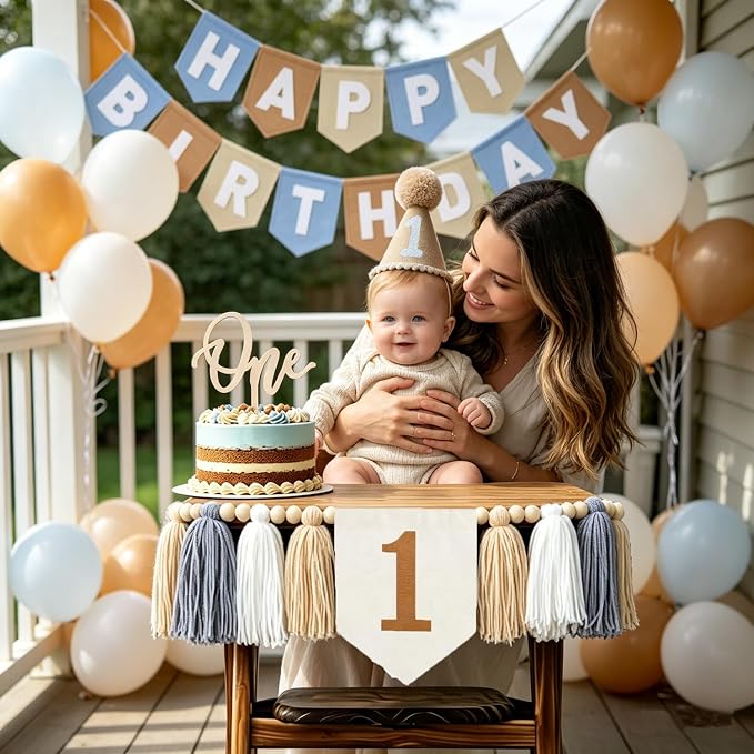 1st Birthday High Chair Banner Decorations - Neutral Felt Banner Set with Cake Topper & Party Hat, First Birthday Party Supplies