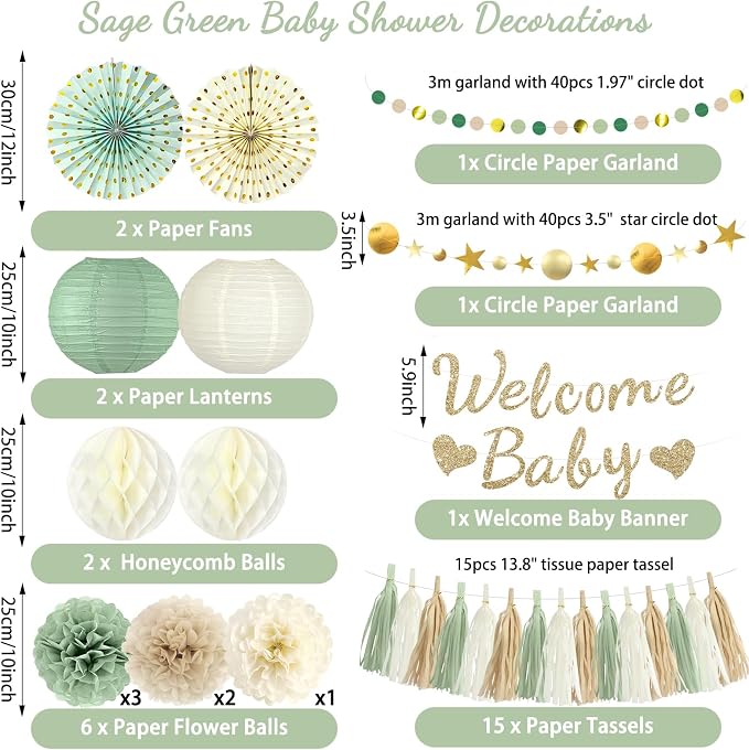 Sage Green Baby Shower Decorations - Welcome Baby Banner, Paper Lanterns, Tissue Pom Poms, honeycombs, Paper fan Tassel, Circle Dots Star, Gender Reveal Birthday Party Decorations
