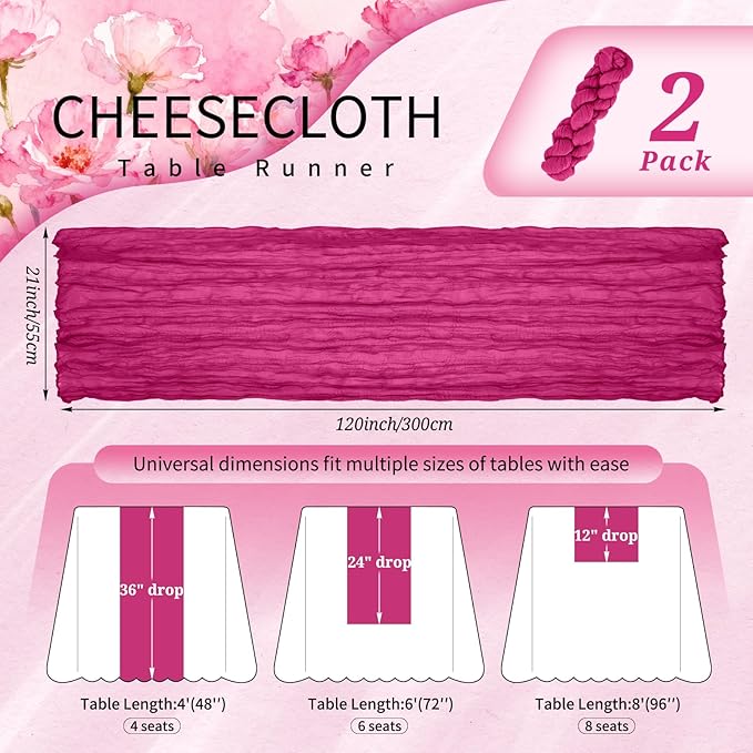 2 Pack Cheesecloth Table Runner 10FT Fuschia Table Runner Boho Gauze Cheese Cloth Table Runners Long Rustic Sheer Table Decorations for Wedding Party Baby Bridal Shower Birthday Holiday Spring
