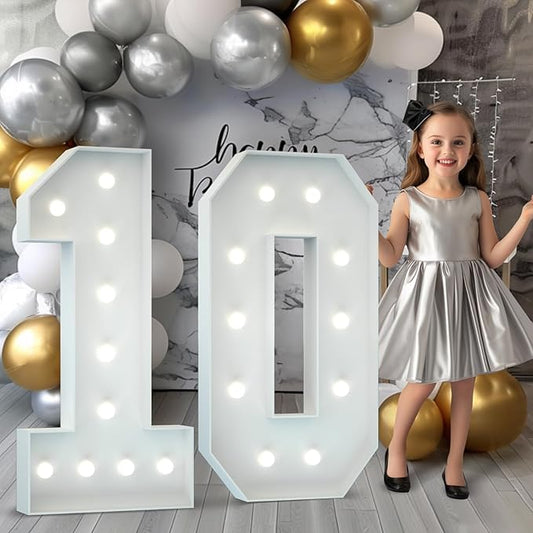 Marquee Numbers 4 Feet Tall: Large 10th Birthday Decorations for Her Him 4FT Light Up Numbers White Anniversary Party Decor Big Backdrop Foam Cardboard Number 10