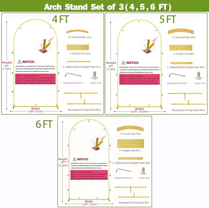 Metal Arch Backdrop Stand Set of 3(6 ft, 5 ft, 4 ft) Party Arch Stands for Valentines Day, Wedding, Birthday, Baby Shower, Bridal Shower,Balloon Arched Frame for Garden Decor, Gold Floral Arches