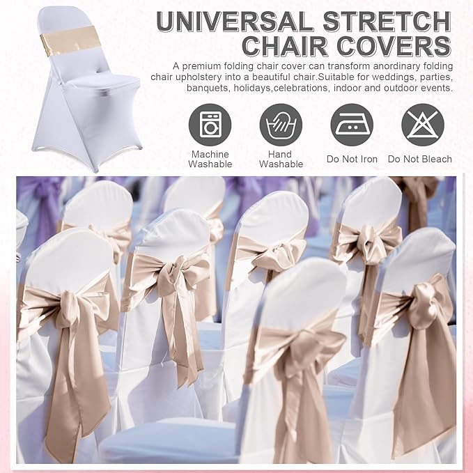 Lounsweer 50 Pcs Folding Chair Cover Set with 25 Stretch Spandex Slipcovers 25 Satin Chair Sashes Bows Ribbon Washable Banquet Protector for Wedding Event Party(White, Light Champagne)
