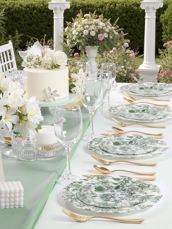 WDF 20PCS Green Plastic Plates Floral - Baroque White and Green Plates - Floral Party Decorations for Birthdays/Tea Party