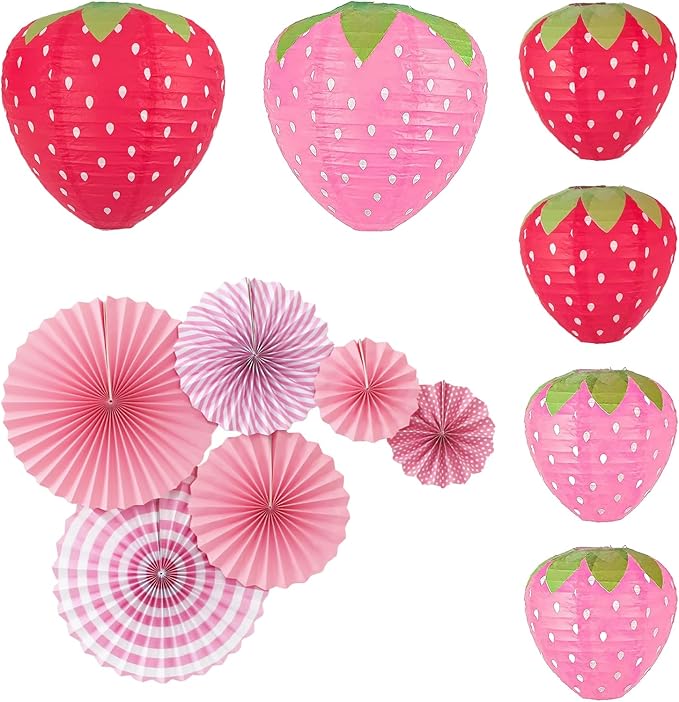 12 Pack Strawberry Paper Lanterns Paper Fan Party Decorations - Hanging Birthday Lantern Decor Fruit Themed Parties Strawberry Decorations Lanterns For Garden,Yard,Lawn,Etc.