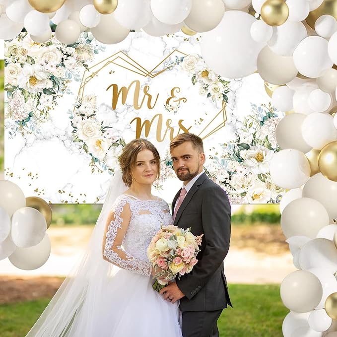 MEHOFOND White Floral Wedding Balloons Arch Kit with White Wedding Party Decorations, Mr and Mrs Paper Plates Cup and Nakpins Set, Floral Wedding Disposable Dinnerware with Tablec
