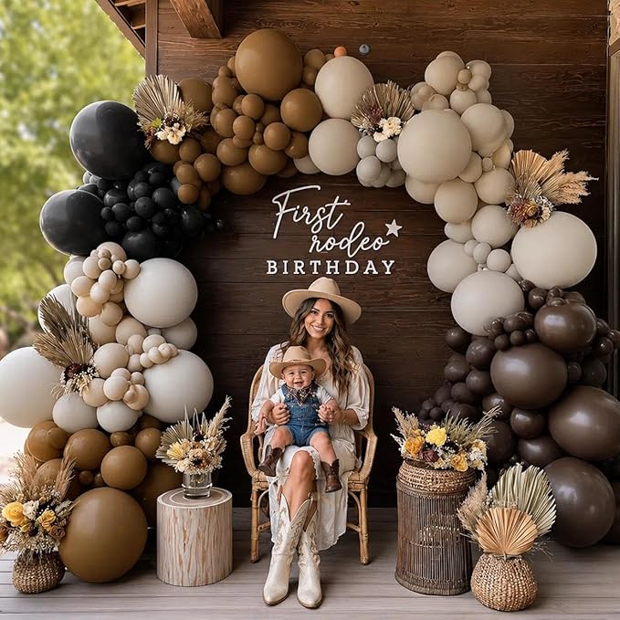 Black Brown Tan Balloon Arch Kit, Double Stuffed Dark Brown Coffee Light Grey White Sand Beige Neutral Balloon Garland for First Rodeo Birthday Western Cowboy Baby Shower Fathers Day Party Decoration