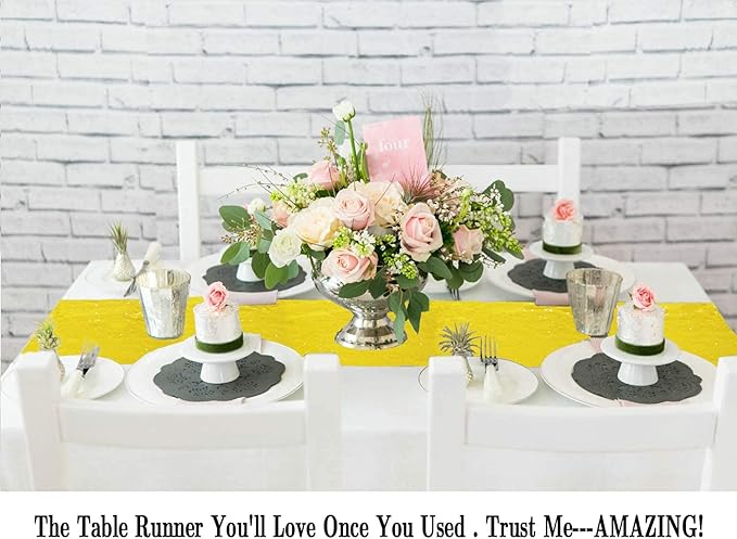 ShinyBeauty Yellow Table Runners Pack of 2 Sequin Table Runner 12inx108in Baby Birthday Decorations Dining Table-Runner 108 Inches Long Party Table Cloth Modern Style Wedding Decoration