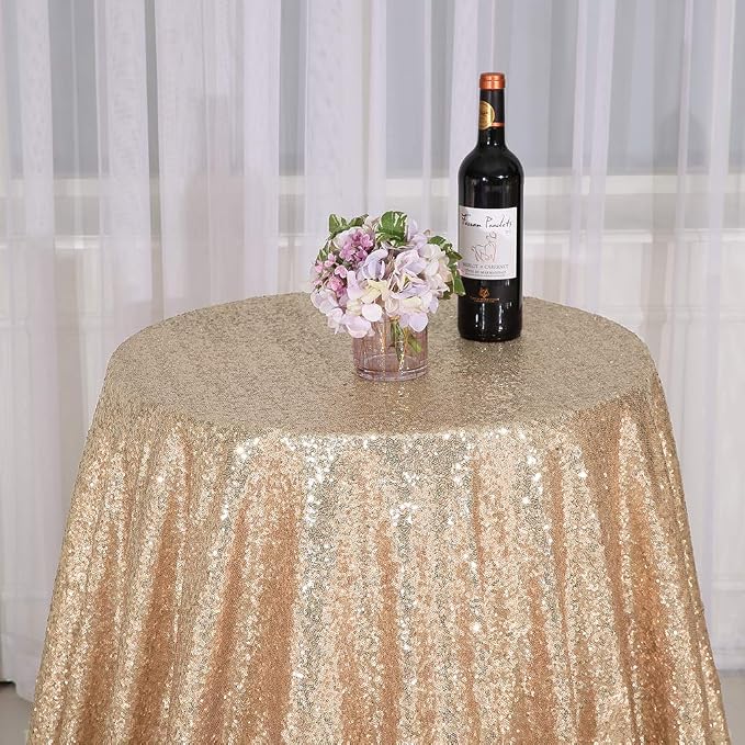 Juya Delight 50'' Round Sequin Tablecloth Light Gold Table Cover for Birthday Wedding Party Table Decoration