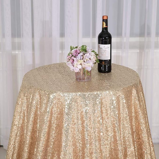 Juya Delight 50'' Round Sequin Tablecloth Light Gold Table Cover for Birthday Wedding Party Table Decoration