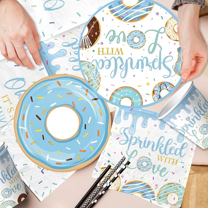 Baby Sprinkle Decorations for Boy,Blue Sprinkled with Love Party Plate,Napkin,Cup,Cake Topper Donut Baby Shower Decorations for Baby Boy Sprinkle Party Supplies Serves 24