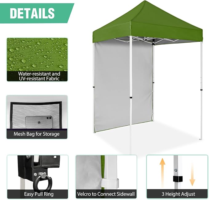 5x5 Pop Up Canopy Tent with One Sidewall, Instant Portable Beach Canopy, Outdoor Tent with Carry Bag for Camping, Sports, Tailgating, Events, Grass Green