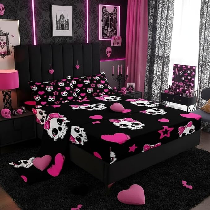 Cartoon Skull Bed Sheet Set Twin Size,Halloween Theme Cute Skeletons Sheet Set Kids Teens,Pink Hearts Stars Bow Black Bedding Decor Set with 1 Flat & 1 Fitted Sheet with 1 Pillow Sham