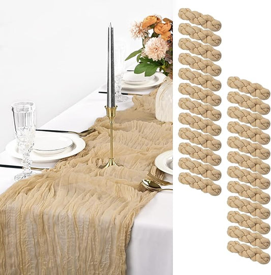 24 Pack Light Brown Cheesecloth Table Runner, 10FT Long Romantic Sheer Cheesecloth Rustic Boho Table Runner for Wedding Birthday Bridal Party Decorations(21.5×120 Inch)