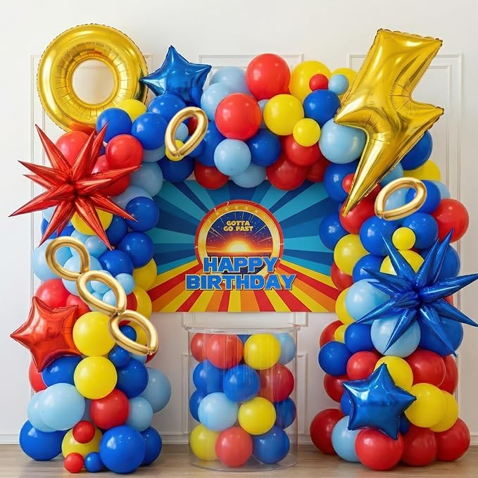 Red Blue Birthday Decorations Balloon Arch Garland Kit with Backdrop & Royal Blue Light Blue Red Gold Balloons, Lightning Ring Star Foil Balloons for Boys Gaming Speed Theme Party