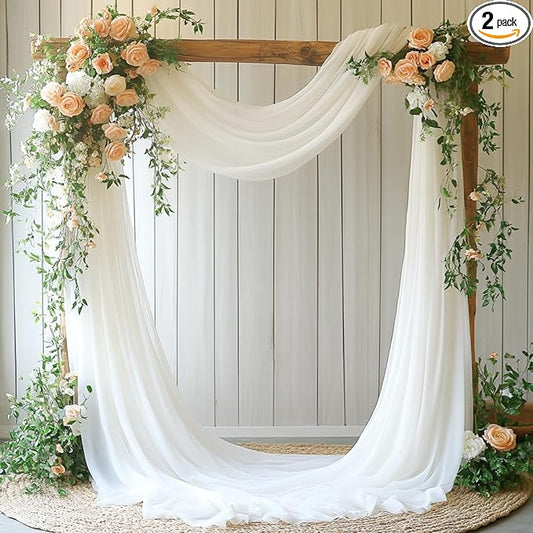 Wedding Arch Draping Fabric, 31.5" x 20FT Wrinkle-Free Sheer Chiffon Drapery for Ceremony Backdrop, Arbor, Pergola, Church Cross, Photo Booth, Baby Shower & Home Decor, 2-Pack, White