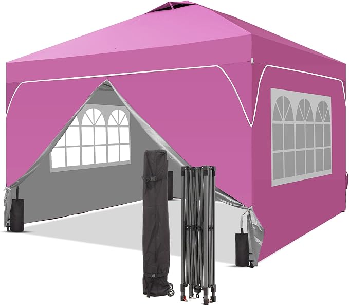 GDY 12x12FT Pop Up Canopy Tent with One Push Setup, Easy to Install with 4-Sidewalls for Events, Parties, Camping, Outdoor Gazebo with 4-Sandbags and Wheel Bag, Pink.