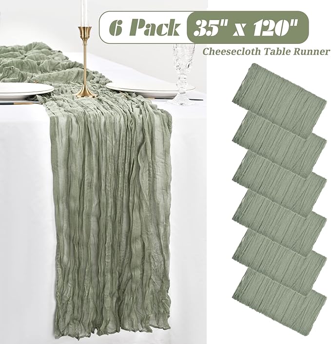 Showgeous 6 Pack Sage Green Cheesecloth Table Runner, 10FT Long Semi-Sheer Boho or Rustic Gauze Table Runner Wedding Table Decor for Wedding Arch Draping Bridal Shower Holiday Party St Patricks Day