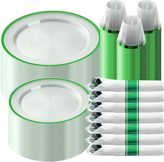 Goodluck 350Pcs Green Plastic Dinnerware Set for St. Patrick's Day, Clear Disposable Plates for 50 Guests, Include 50 Dinner Plates, 50 Dessert Plates, 50 Pre Rolled Napkins with Cutlery Set, 50 Cups